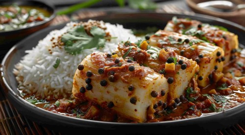 Paneer pieces served with spicy curry and basmati rice garnished with cilantro on a black plate, ai