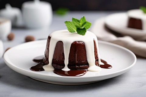 Chocolate pudding with white vanilla and chocolate sauce. KI generiert, generiert AI generated