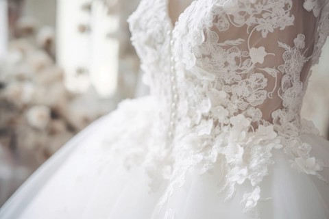 Close up of elegant white wedding dress with lace. KI generiert, generiert AI generated