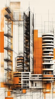 A vertical abstract piece with architectural blueprint features in brown and orange tones, vertical