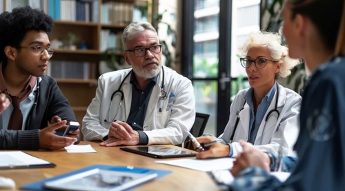 Medical staff engaged in a collaborative discussion with paperwork on the table, ai generated, AI