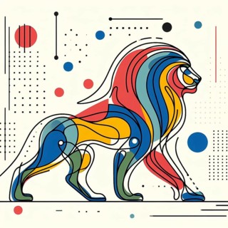 Colorful abstract geometric design of a lion in motion, continuous line art, creature is stylized
