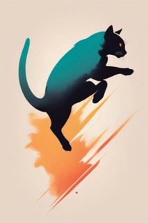 Artistic rendering of a cat mid-leap with orange motion accents, minimalist vintage design muted
