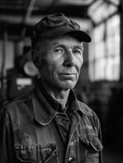 Portrait of a 55-year-old factory worker, dressed in a worn uniform, AI generated