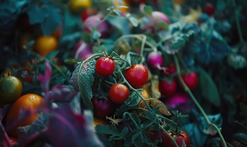 Tomatoes background. Top view of different varieties of tomatoes. Vegetables background. AI