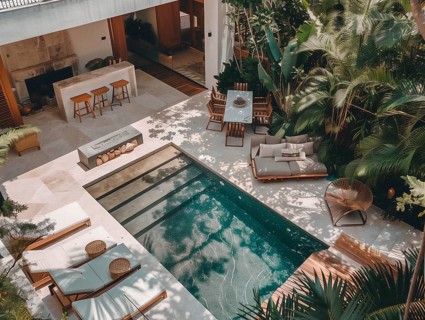 A serene courtyard with tropical plants, stone tiles, and comfortable outdoor furniture bathed in