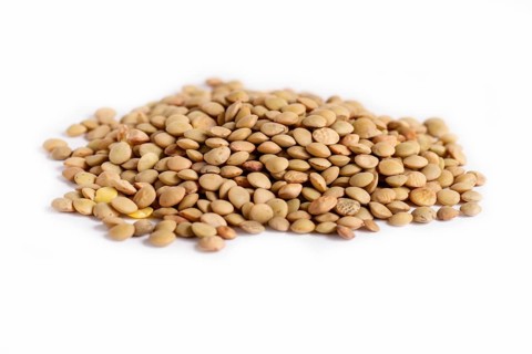 Pile of green lentils isolated on white background. Closeup