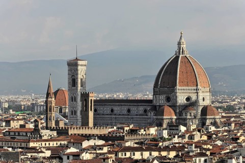 City panorama with Santa Maria del Fiore Cathedral, view from Monte alle Croci, Florence, Tuscany,