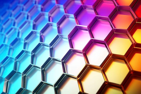 Metallic honeycomb pattern illuminated with vibrant gradient colors abstract background, AI