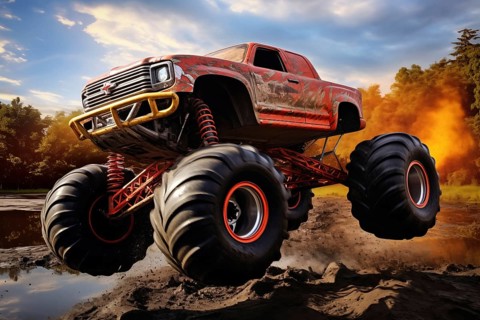 Monster truck driving and jumping outdoors amidst a cloud of dust. Thrill and adrenaline of an