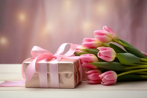 Gift Box with Pink Ribbon Beside bouquet of Fresh Tulips on Bokeh Background. Good for Valentine