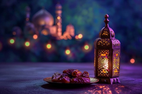 Ramadan lantern with a plate of succulent figs in violet purple tones with mosque, set on an ornate