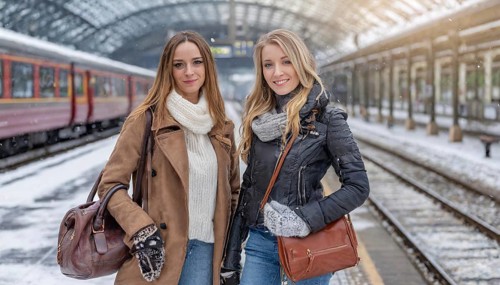 AI generated, Two young blonde woman want to travel and wait for the train at the station, 20, 25,