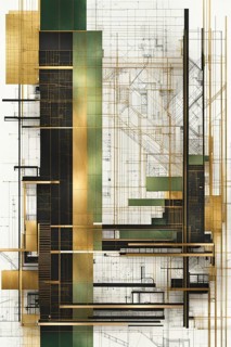 Detailed sectional view of a modern building with green and gold accents, vertical aspect ratio,