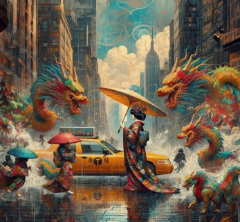 Vibrant fantasy art of a person in traditional asian silky long tailed dress amongst dragons in a