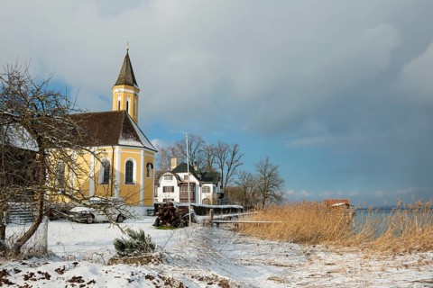Snow-covered church in winter, St Alban's Church, Diessen, Lake Ammer, Fuenfseenland,