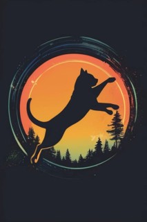 Silhouette of a cat jumping in front of a sunset with trees in the background, minimalist vintage