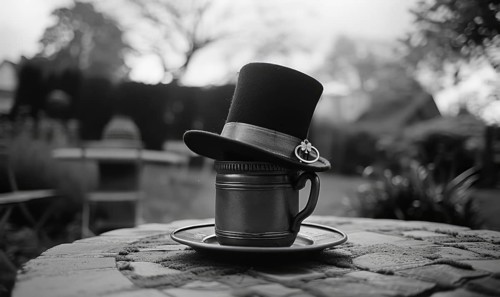 Leprechaun hat and pot of gold closeup. Monochrome photo. AI generated