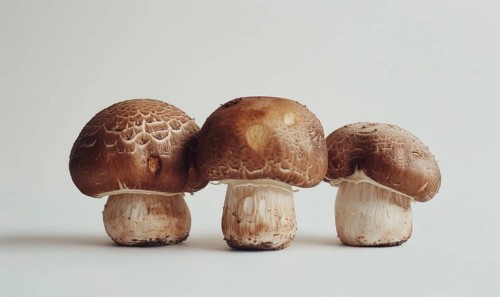 Three brown champignons on a white background, close-up. AI generated