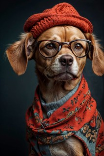 Fashionable dog with glasses, a red beanie, and a patterned scarf looking intrigued, over grey