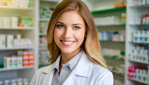AI generated, A young pharmacist in her pharmacy, portrait, 30, 35, years, female, blonde, blond,