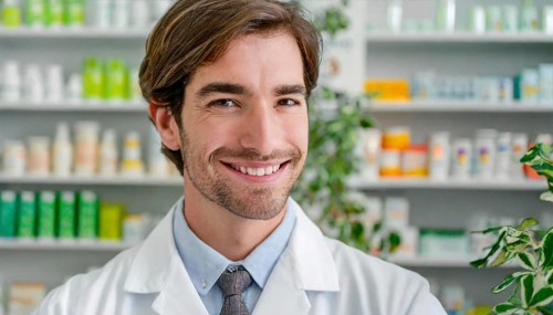 AI generated, A young pharmacist in his pharmacy, portrait, 30, 35, years, man, men, male, bearded,