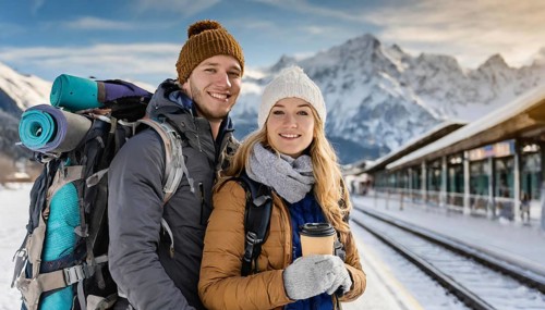 AI generated, woman, woman, man, men, A young couple wants to travel and is waiting for the train