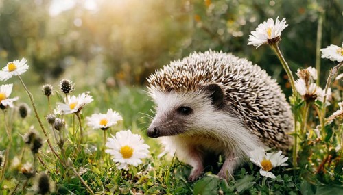KI generated, animal, animals, mammal, mammals, young hedgehog (Erinaceidae), sitting in flower