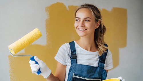 AI generated, woman, woman, a young girl paints a wall with new paint, yellow, yellow, renovation
