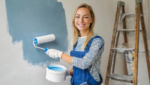 AI generated, woman, woman, a young girl paints a wall with new paint, blue, light blue, blue,