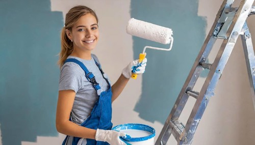 AI generated, woman, woman, a young girl paints a wall with new paint, blue, light blue, blue,