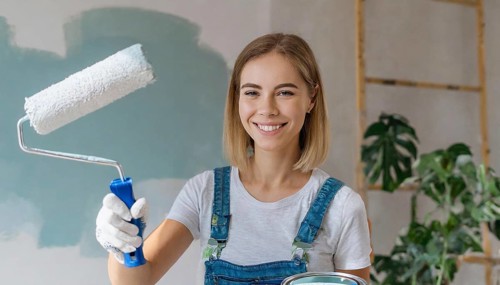 AI generated, woman, woman, a young girl paints a wall with new paint, white, white, renovation of