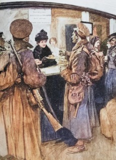 Queen Alexandra as a Christmas fairy. Her Majesty serving soldiers at a free buffet in London 1915,