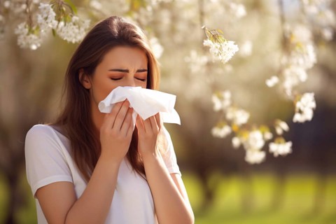 Young brunette woman with seasonal pollen allergies sneezing into paper tiessue. Tree with white