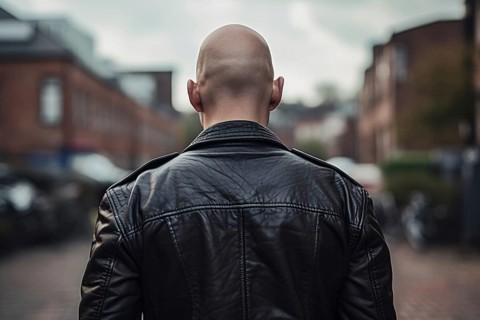 Back view of skinhead man with shaved head and leather jacket. KI generiert, generiert AI generated