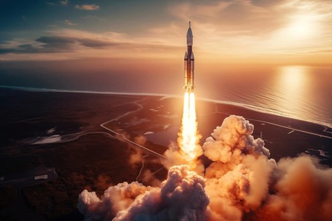 Aerial view of a rocket launch at sunrise sunset over an ocean coast. The rocket is blasting off