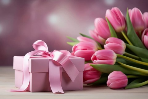 Gift Box with Pink Ribbon Beside bouquet of Fresh Tulips on Bokeh Background. Good for Valentine
