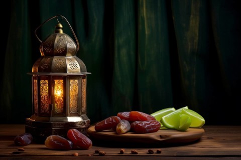 Ramadan lantern with a plate of succulent figs on dark background, set on an ornate table with