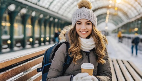 AI generated, A young blonde woman wants to travel and waits for the train at the station, 20, 25,