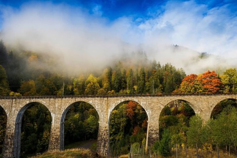 Railway bridge in the Ravenna Gorge, Hoellental in autumn, near Freiburg im Breisgau, Black Forest,