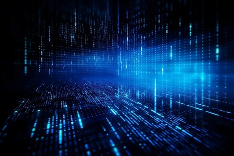 Blue dynamic digital data streams, showcasing flowing lines of code in a mesmerizing pattern, ideal