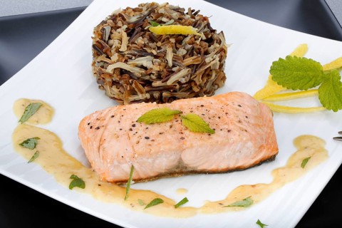 Southern German cuisine, fillet of Dreisam salmon with wild rice and lemon sauce, salmon fillet,