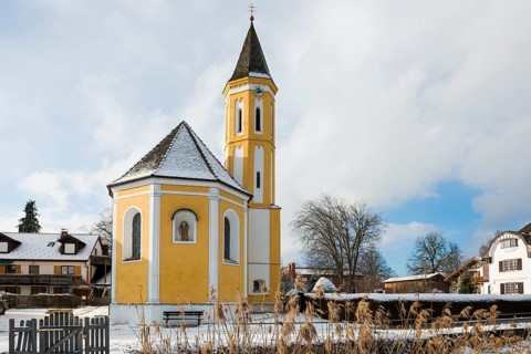 Snow-covered church in winter, St Alban's Church, Diessen, Lake Ammer, Fuenfseenland,