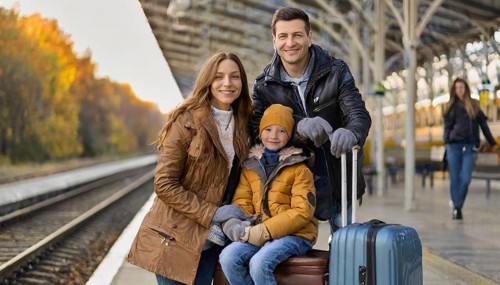 AI generated, A young family wants to travel and waits in the station for the train, 30, 35, years,