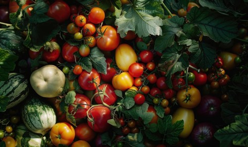 Vegetables and fruits as very nice natural background, soft focus, top view. AI generated