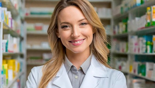 AI generated, A young pharmacist in her pharmacy, portrait, 30, 35, years, female, blonde, blond,