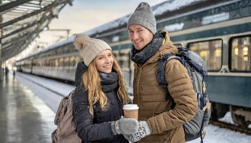 AI generated, woman, woman, man, men, A young couple wants to travel and is waiting for the train