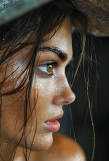 Young woman with braided sun hat, expressive eyes, face covered with rain and tangled hair, AI