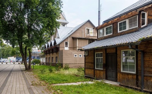 Historical old wooden buildings on the streets of Druskininkai. Lithuania