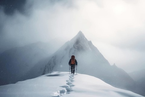 A mountaineer in mountains approaching a majestic snowy mountain peak amidst a snowfall and snow